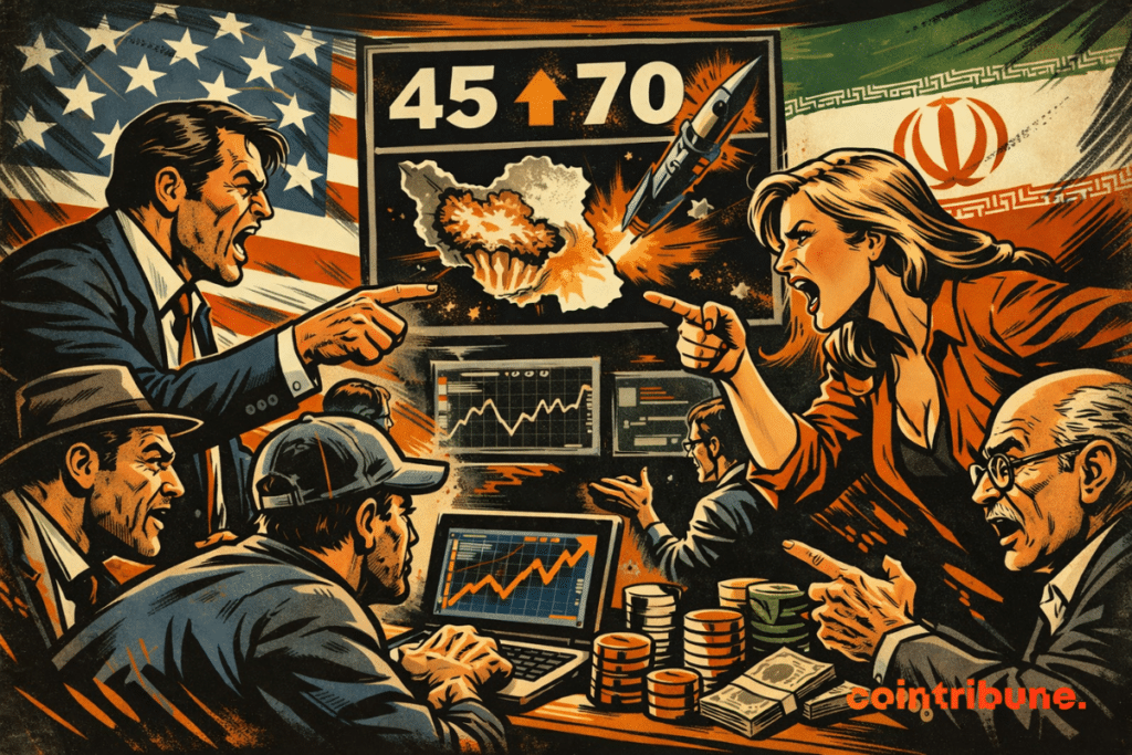 Illustration showing traders and politicians debating around screens displaying geopolitical bets between the United States and Iran on crypto prediction markets.