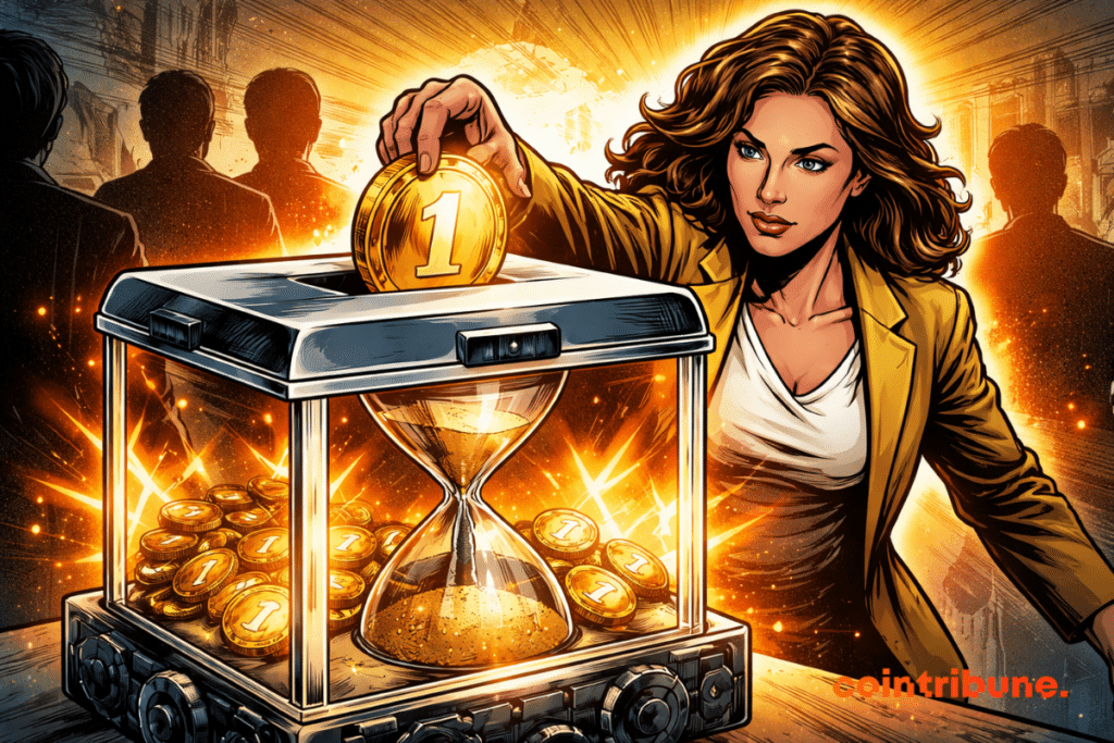 A determined woman, in 1970s comic style, drops a shiny coin marked with the number 