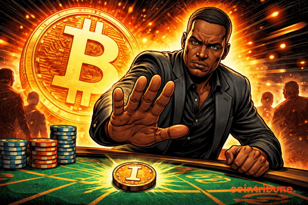 Arthur Hayes in a dark suit, holding out his hand to refuse a coin marked 1 in front of a huge Bitcoin symbol