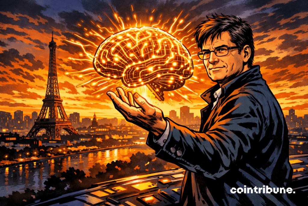 Yann LeCun towers over Paris at dusk, holding a glowing digital brain, symbolizing power, innovation and an impressive technological future.