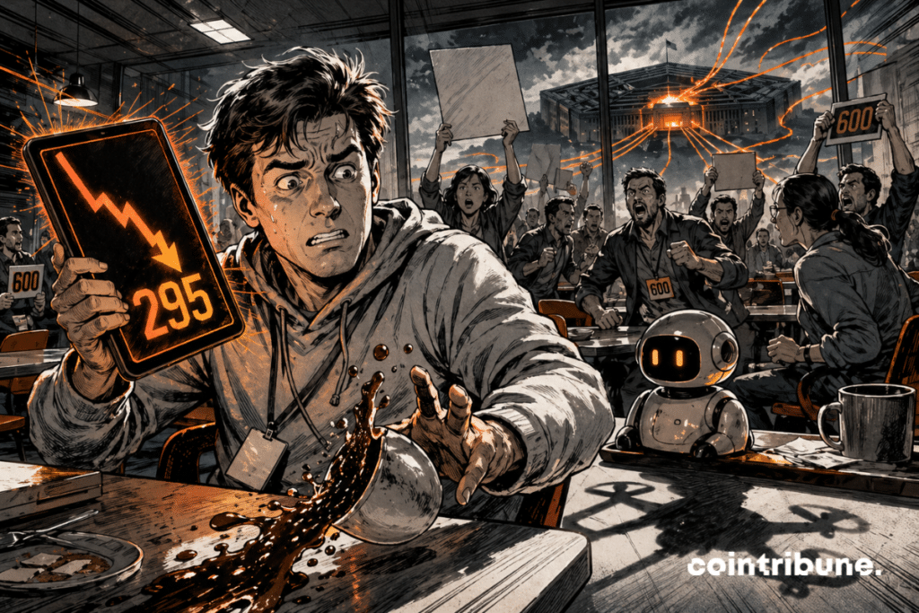 Crisis around ChatGPT, Google employees in revolt and IA-Pentagon links symbolized in the background.
