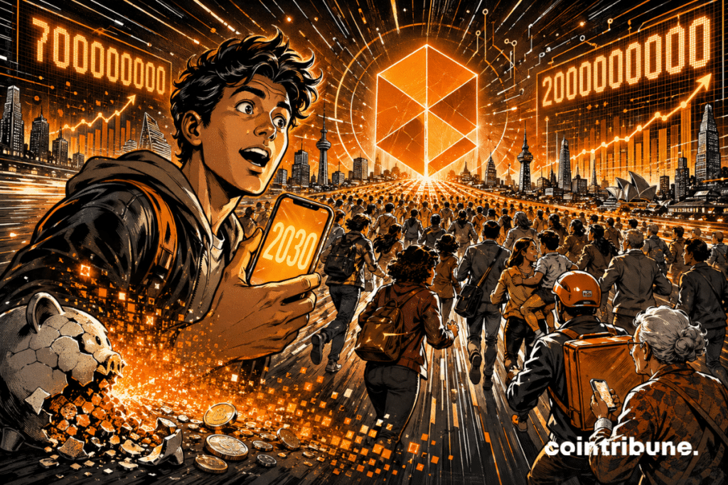 Comic book illustration of a global crowd advancing towards an orange crypto symbol, with the numbers 700000000, 2000000000 and 2030.
