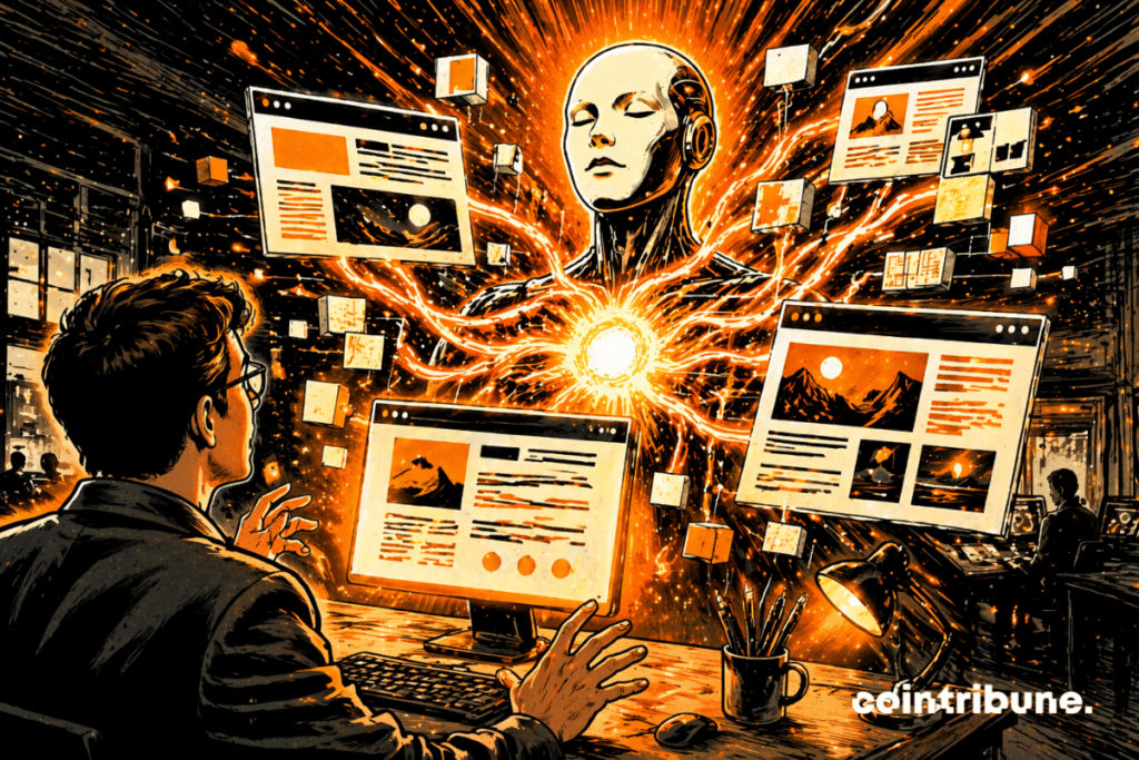 A central AI generates interfaces and web structures around it.