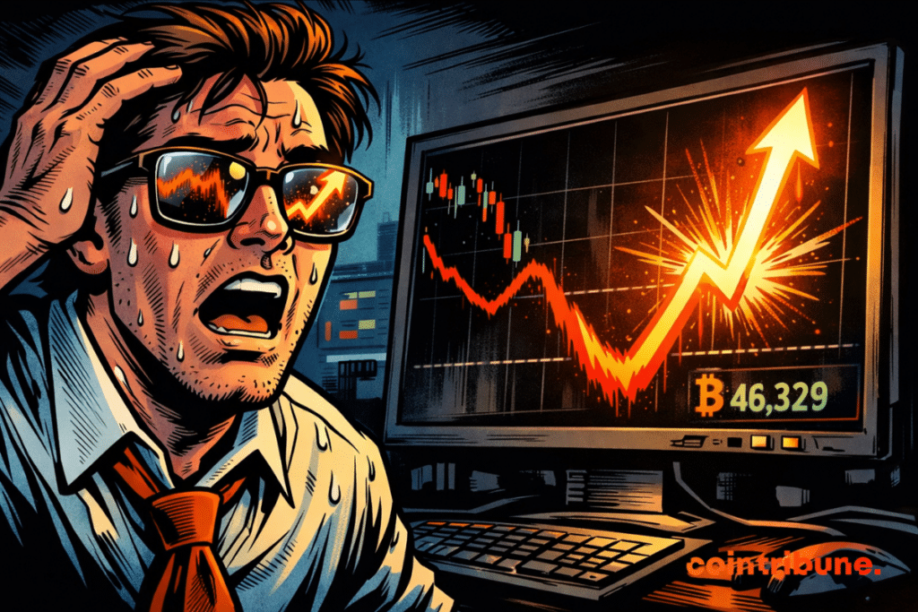 Illustration of a stressed trader in front of a screen displaying a bitcoin chart rising sharply after a sharp fall.