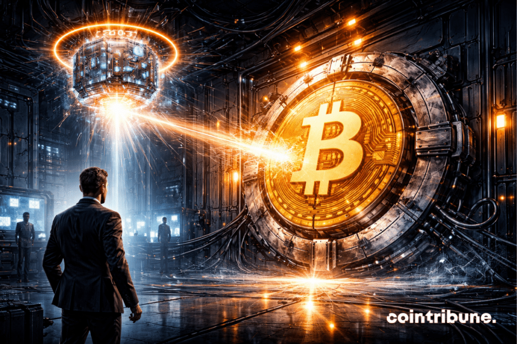 In a large futuristic laboratory, a huge, glowing quantum computer faces a colossal Bitcoin protected by a shell or energy field that begins to crack.