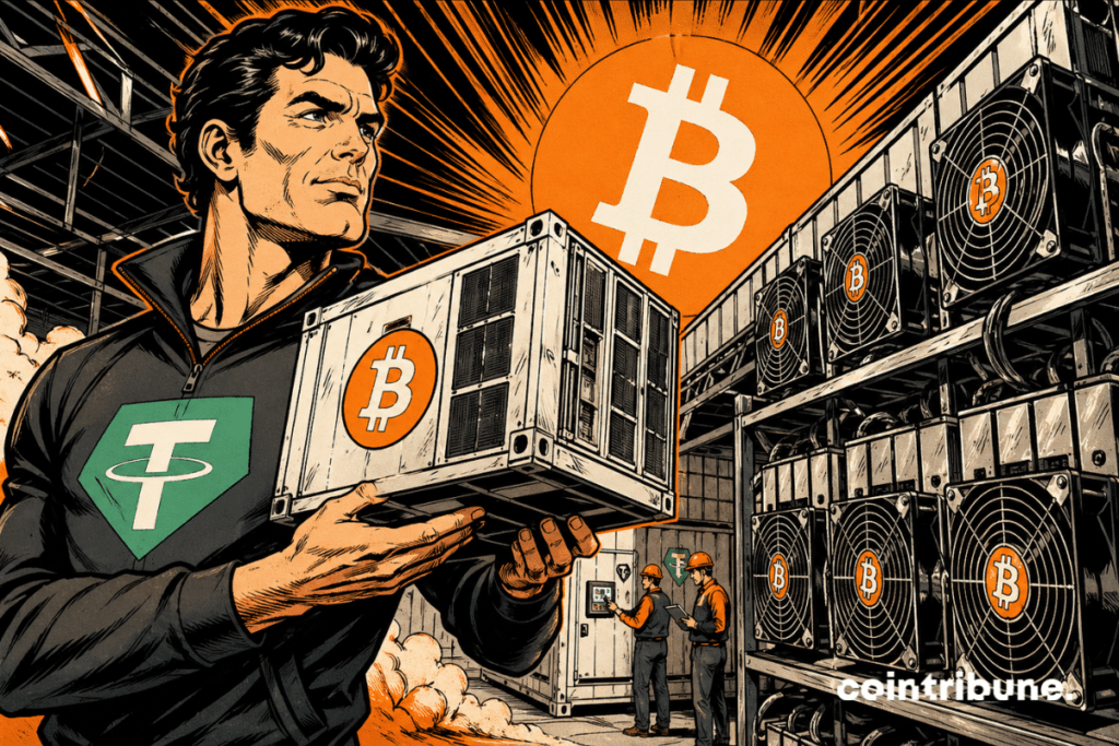 Illustration showing Tether associated with Bitcoin mining, with a computing module, mining machines and the Bitcoin symbol in the background.