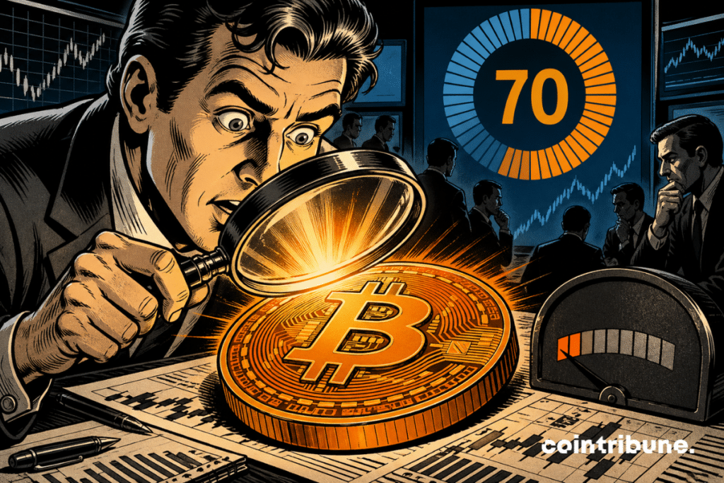 Investor observing a glowing Bitcoin through a magnifying glass, with a 70 indicator in the background.
