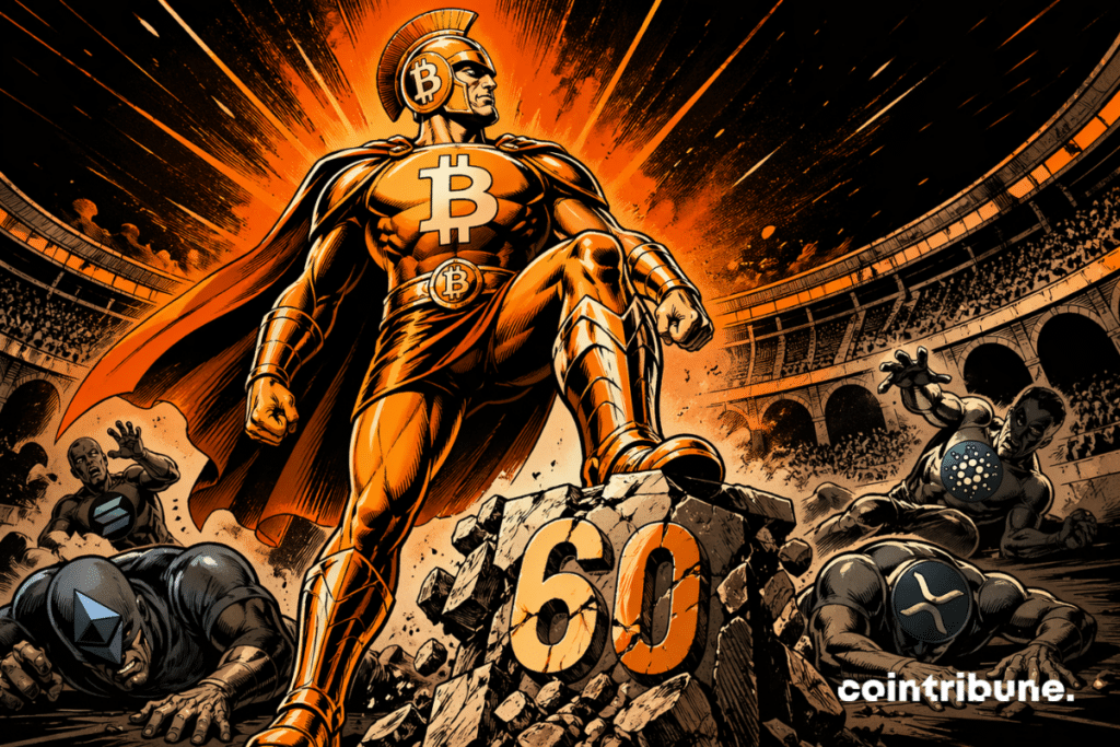 Bitcoin hero dominating an arena, standing on a broken “60”, other cryptos on the ground.