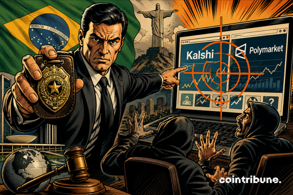 Illustration showing Brazil targeting Kalshi and Polymarket platforms as part of regulatory tightening on predictive markets.