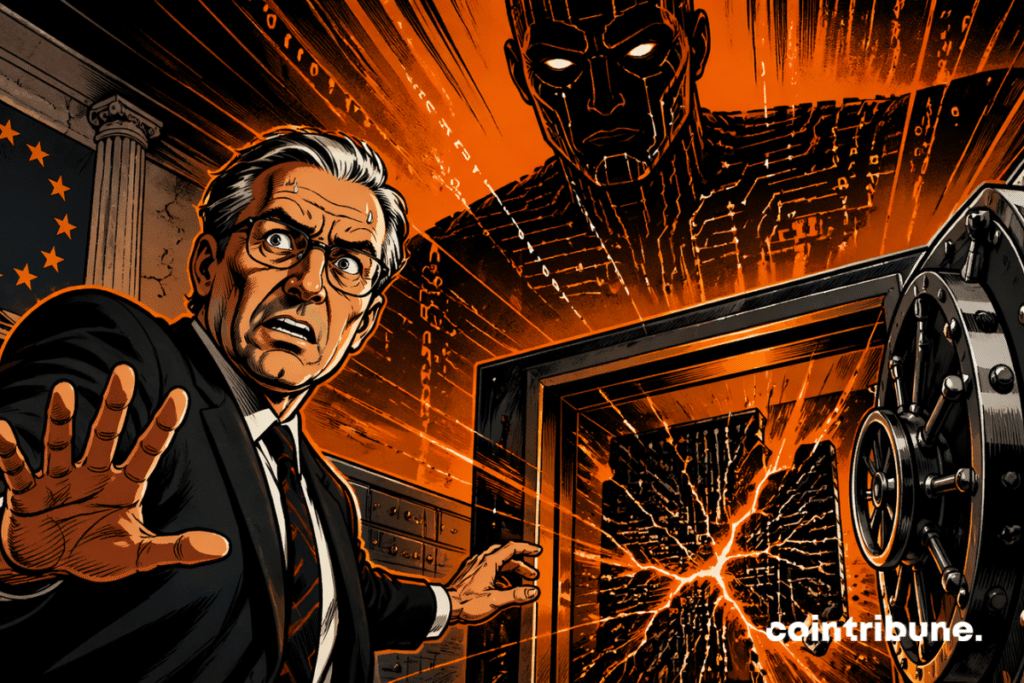 Panicked banker faced with a cracked digital vault, dominated by a threatening AI, symbolizing the vulnerability of European banks to cyberattacks.