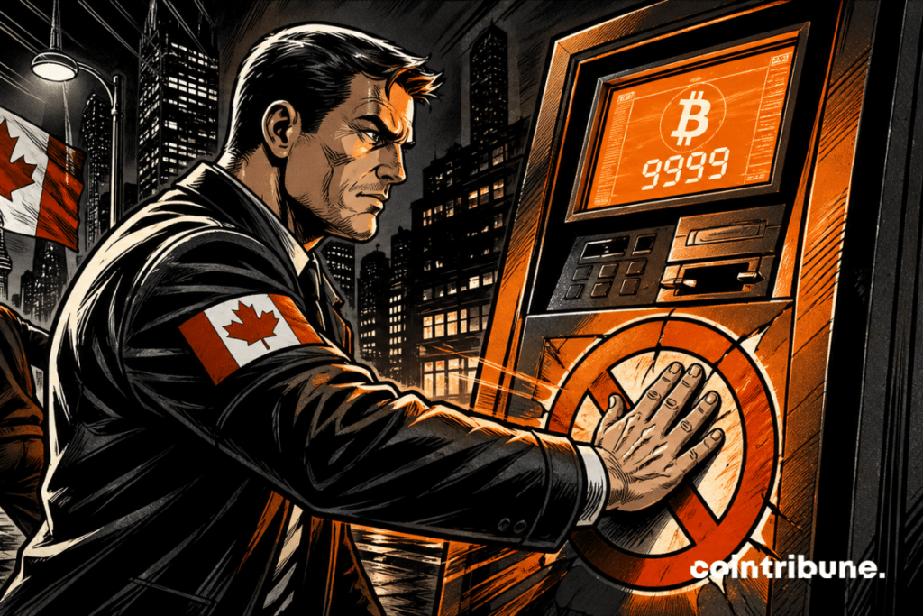 Canadian agent blocks a crypto ATM, while a crook flees in the shadows, nighttime urban tension, orange black dramatic comics style