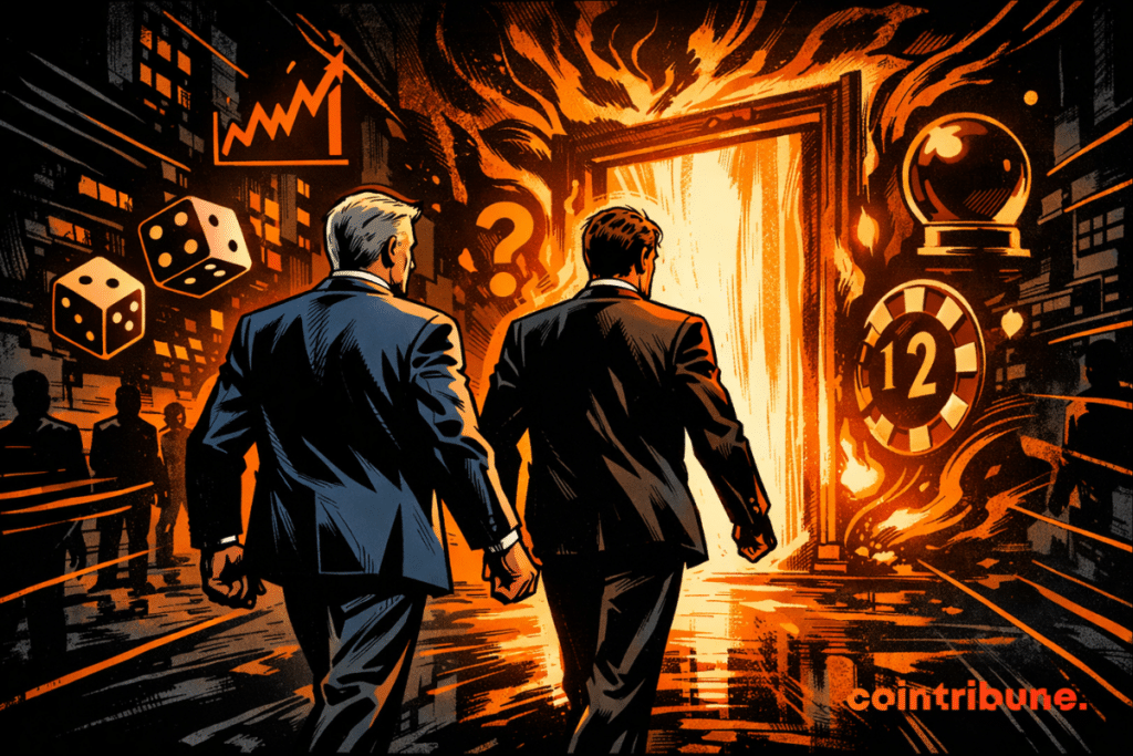 Illustration showing two men in suits, symbolizing Charles Schwab and Citadel, advancing toward a glowing door surrounded by symbols related to prediction markets.