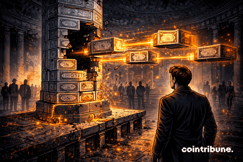 An abstract column representing Treasury bonds is gradually losing large blocks, removed by an organized flow from an opposite pole, symbolizing China's sales.