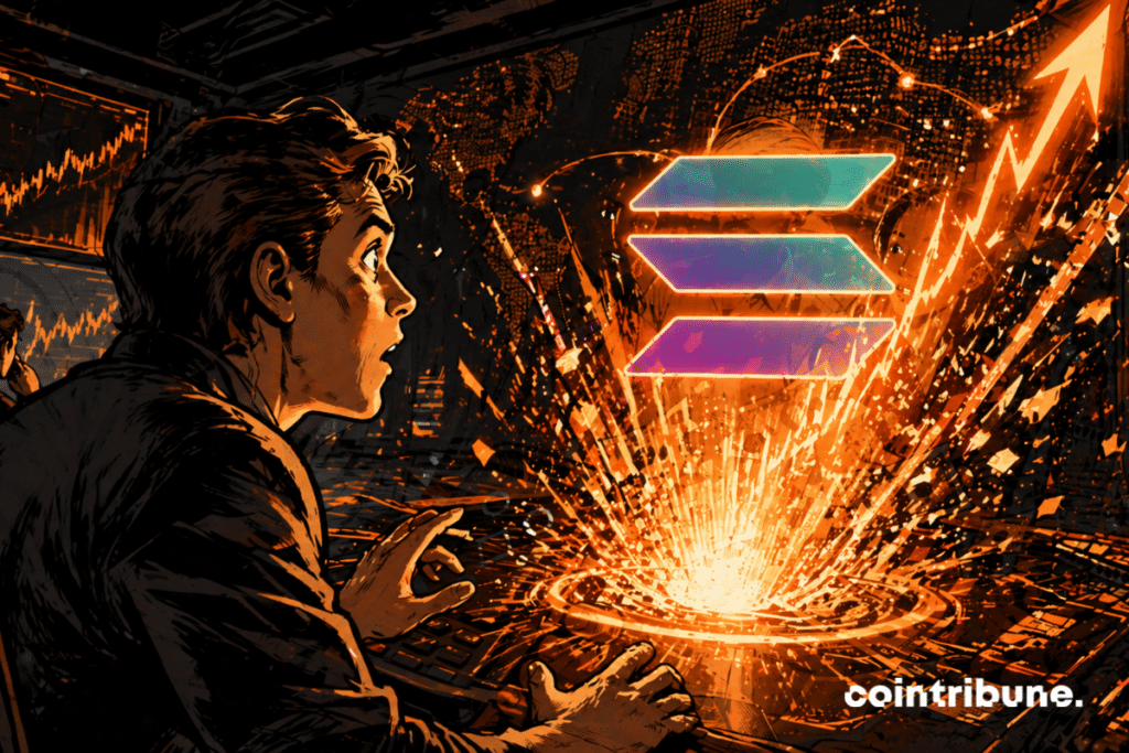 A Solana hologram explodes upward in front of a surprised crypto trader.