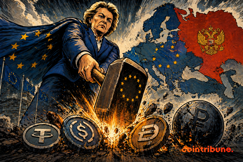 A European figure violently hits digital assets on the ground, while a geopolitical map in the background highlights a major economic and strategic clash