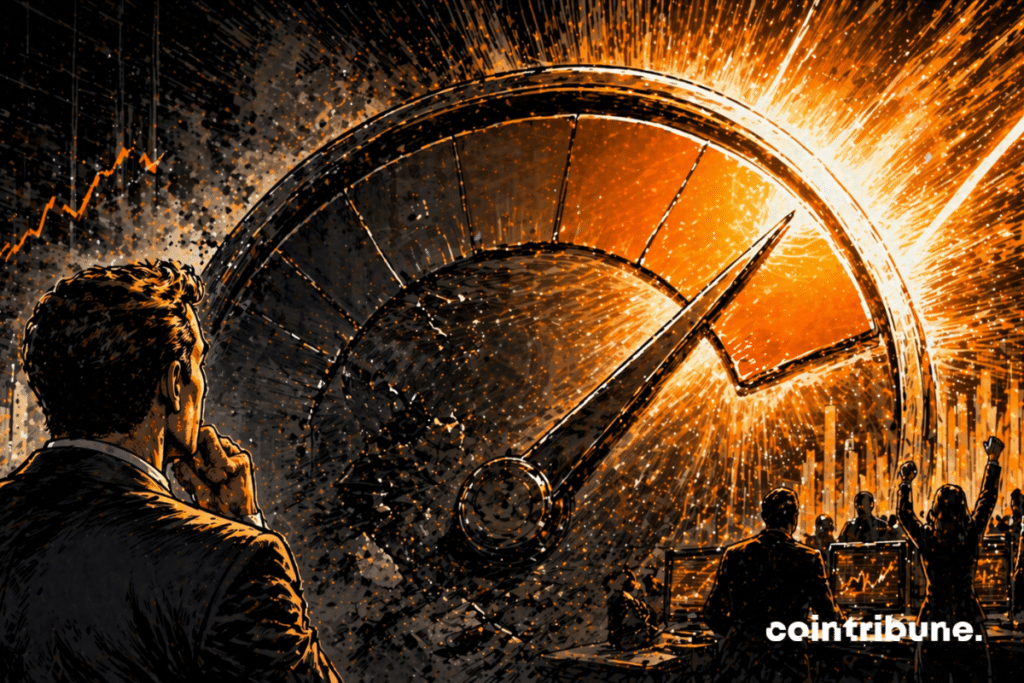 A huge abstract gauge dominates the scene. The needle is propelled violently upwards. The lower part of the gauge is dark and cracked (old distrust). The upper part is bright and vibrant, filled with energy, which symbolizes the progression of the Crypto Fear & Greed index. An observer in the foreground watches the rise with surprise and relief.