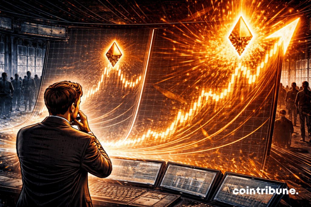 An analyst stands in front of a huge abstract visual structure composed of two similar trajectories. On the left, a past, completed trajectory. On the right, an identical trajectory being reproduced, but which rises sharply upwards. Ethereum is represented by a central glowing shape linked to the current trajectory.