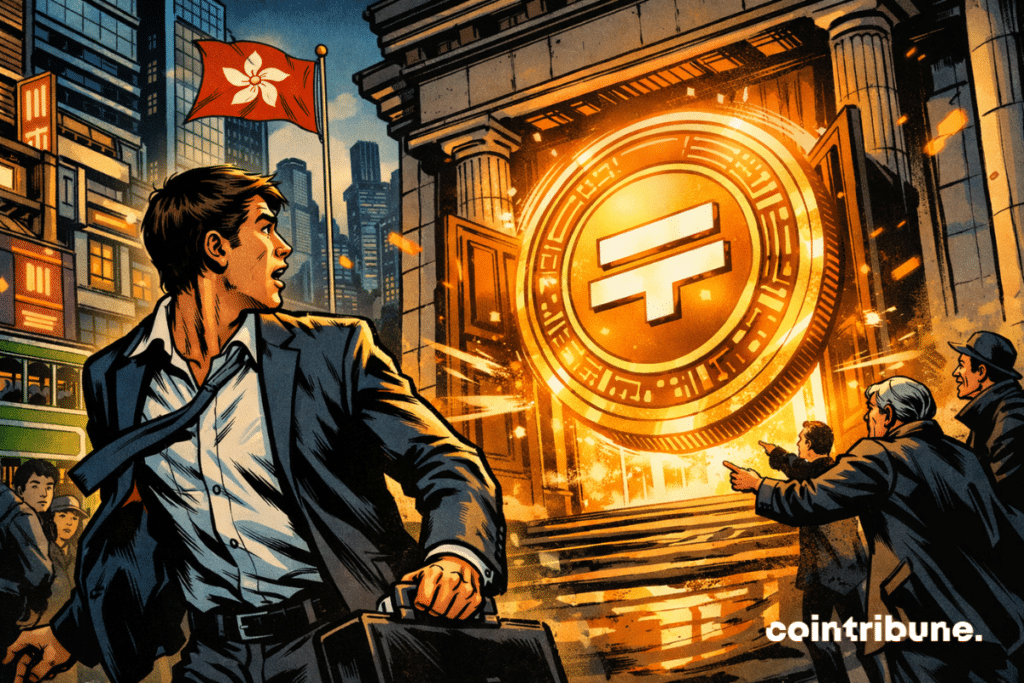In a Hong Kong daily, a giant stablecoin emerges from a bank door as if it had just been officially released.