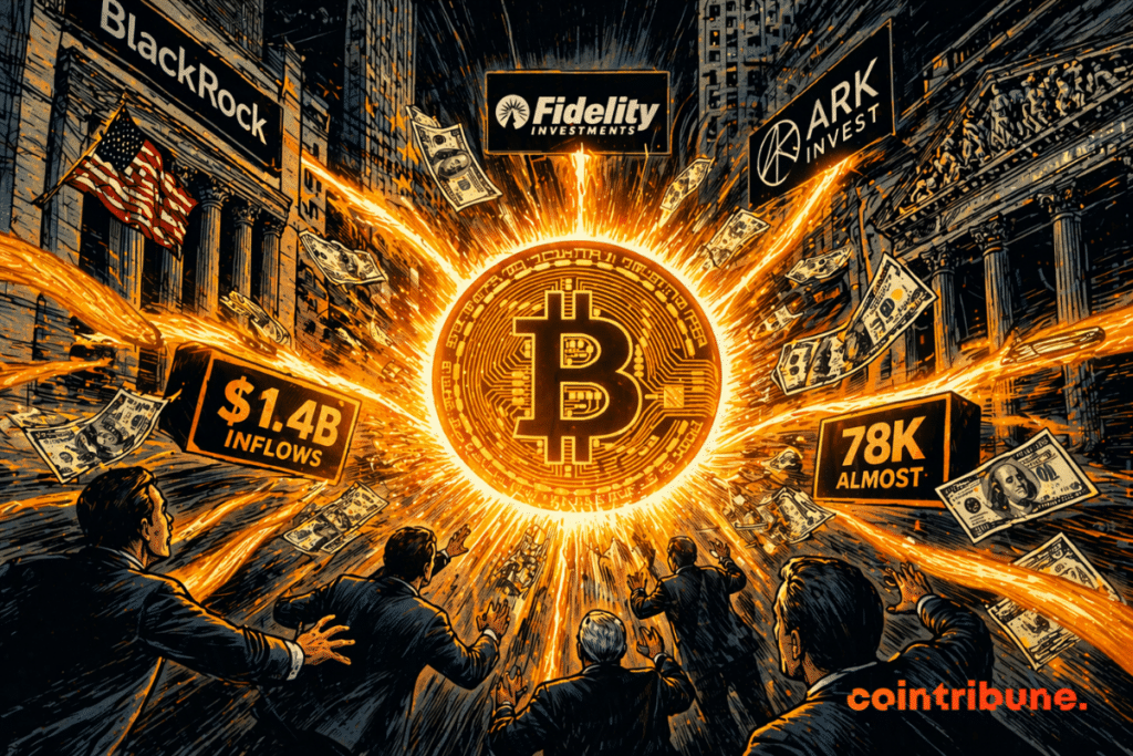 A glowing Bitcoin violently attracts capital and investors, while powerful institutions fuel a massive financial explosion around it
