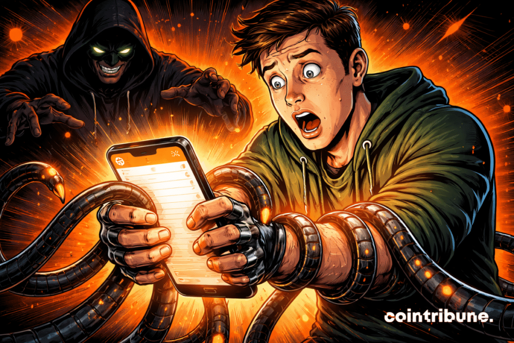 Terrified crypto user sees his smartphone release mechanical tentacles while dark hacker manipulates orange glowing digital trap