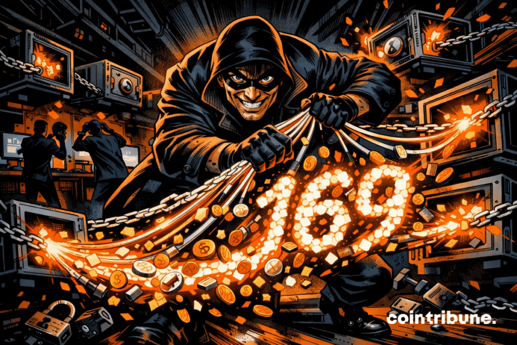 Hacker siphoning crypto vaults in vintage comic style.