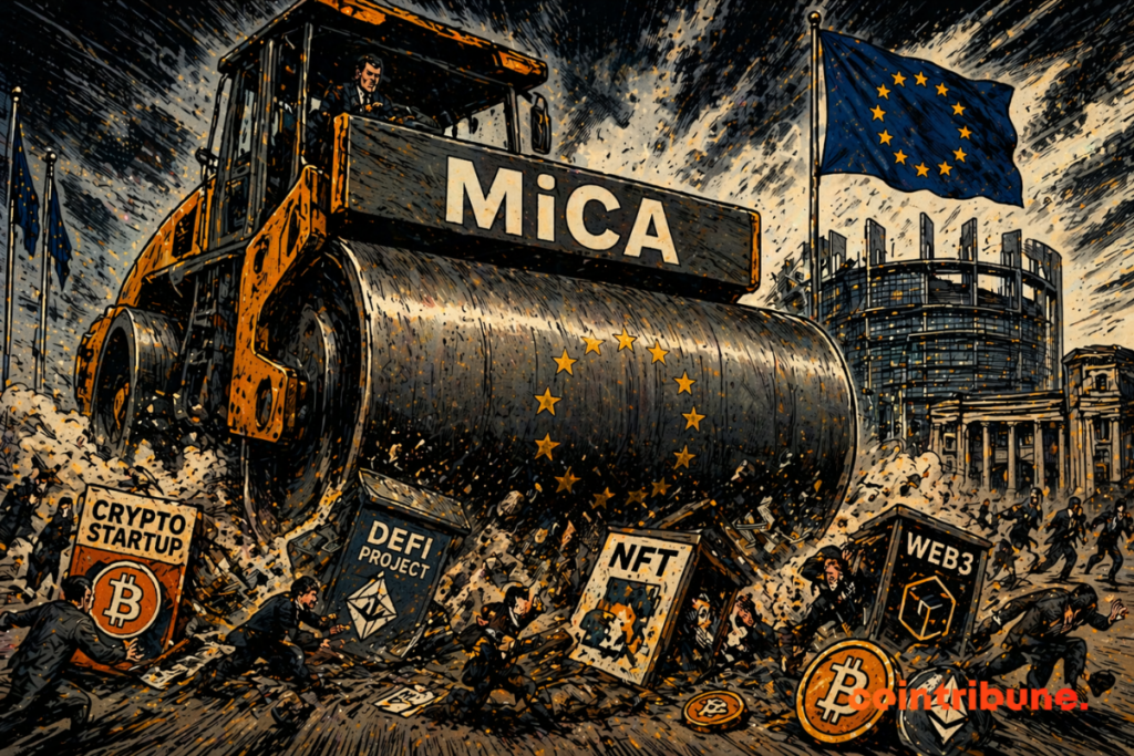 A huge steamroller crushes panicked crypto startups, under a European flag, symbolizing brutal and relentless regulation in action