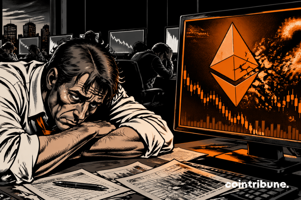 Exhausted trader watches Ethereum cracked, while figure 2 evaporates in heavy listless gloomy ambiance