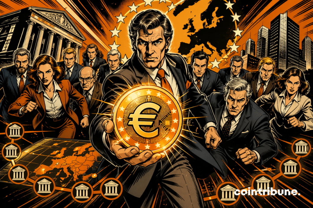 European bankers holding up a euro stablecoin