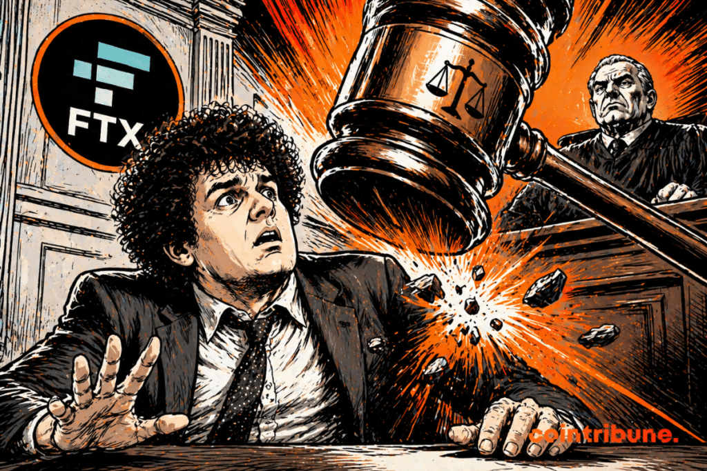 A terrified man backs away from a gigantic hammer, while an impassive judge dominates the stage and everything explodes around him