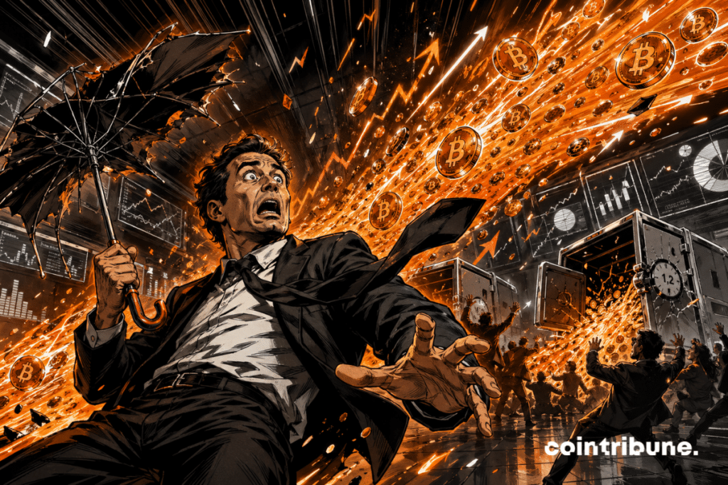 Trader surprised by an orange wave of bitcoins.
