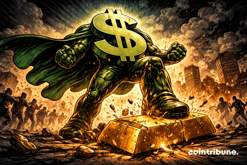 A giant dollar violently crushes a cracked gold bar, dominating a chaotic landscape where the safe haven collapses under pressure