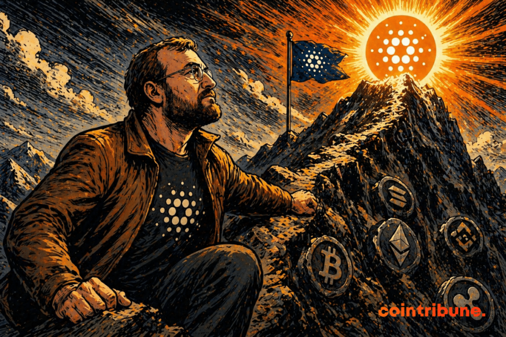 A determined leader gazes at the glowing summit of Cardano, towering over a mountain where other cryptos appear below, symbolizing strong strategic ambition