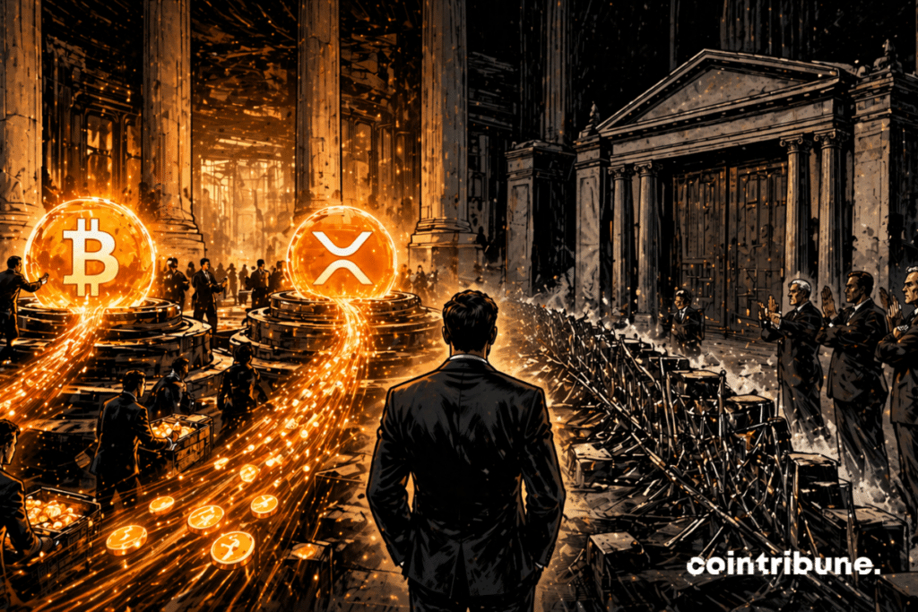 Two abstract accumulation cores representing Bitcoin and XRP receive massive flows, while in the background an imposing banking facade seems to close or oppose a symbolic barrier.