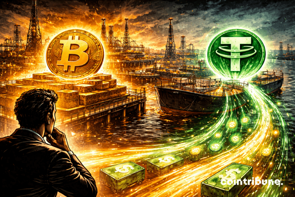 In an oil port in Iran, a solid and luminous structure representing Bitcoin is placed as a stable reserve. Fast, smooth streams of light (USDT) flow between ships and facilities, symbolizing payments. The two coexist without mixing, showing their distinct roles.