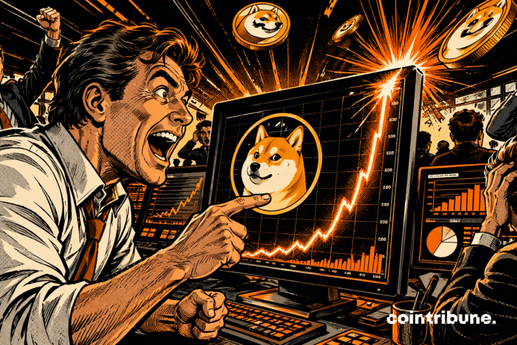 Exalted memecoin trader points to explosive screen, memecoin climbs, colleagues panic, electric atmosphere, 70s comics style black orange intense contrast very dynamic