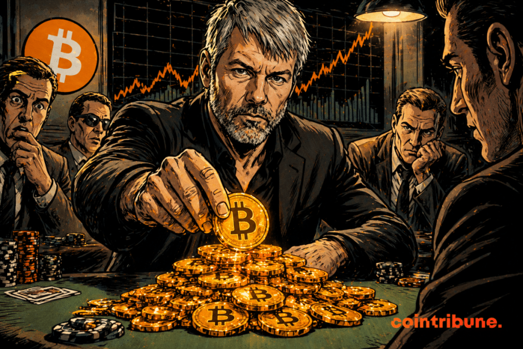 A determined man stakes bitcoins on a table, while other investors watch, hesitant, at his relentless confidence