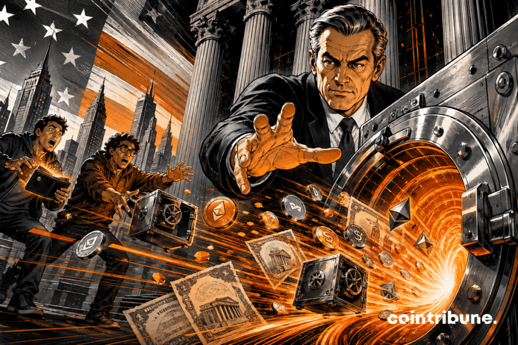 Banker drawing crypto assets into an orange safe.