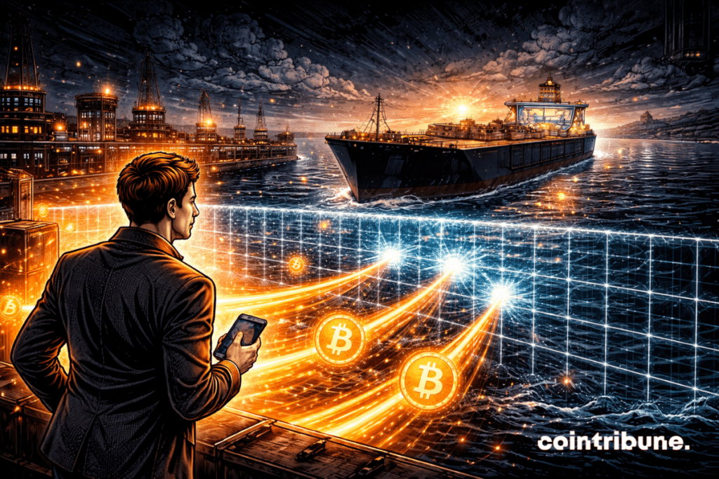 In a port in Iran, crypto light streams flow towards the ship, but are intercepted by an invisible barrier or grid.