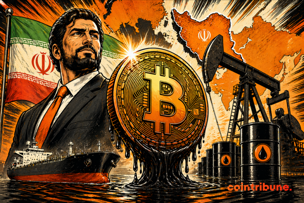 Illustration of a Bitcoin emerging from oil, surrounded by barrels and an oil pump, with the map of Iran in the background, symbolizing the link between oil and new monetary alternatives.
