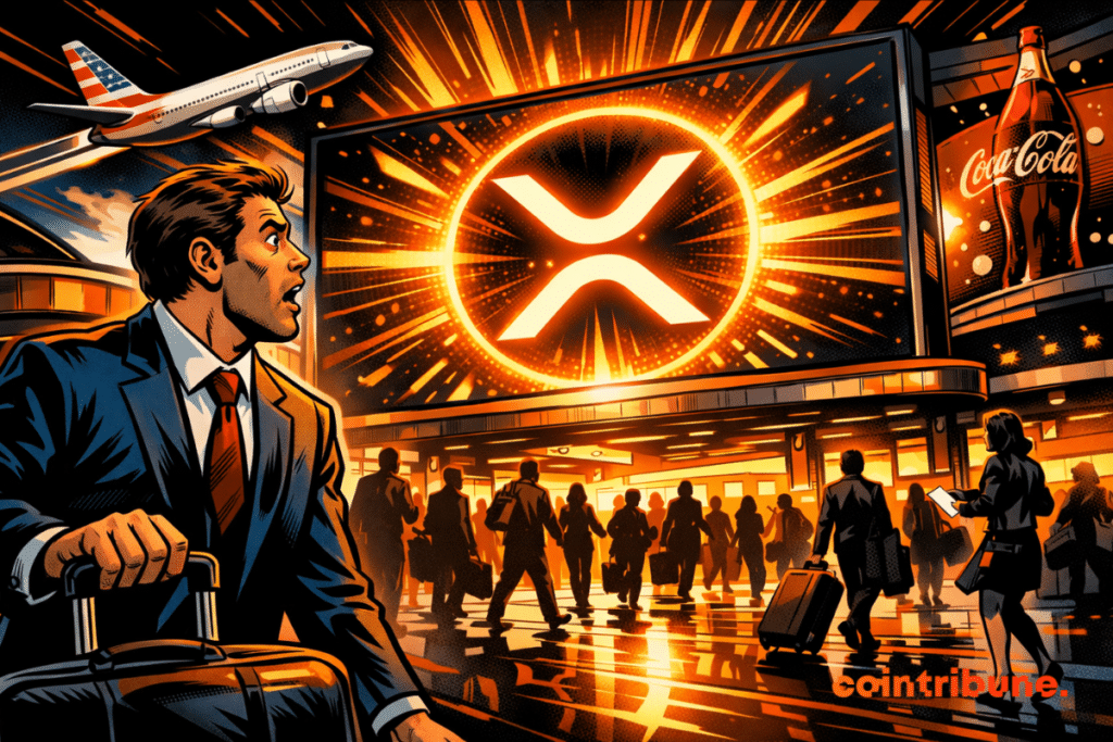 Illustration of a futuristic airport with a giant screen displaying the XRP logo, symbolizing the adoption of XRP payments by large companies.