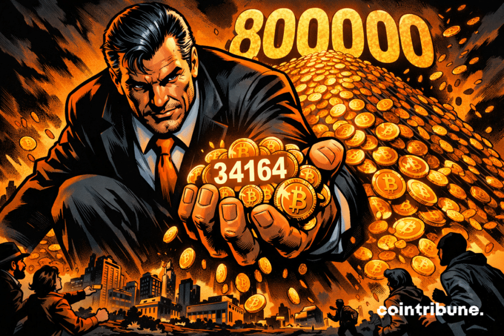 A costumed titan dominates a city, accumulating glowing bitcoins, symbolizing extreme financial power and overwhelming urban mass accumulation