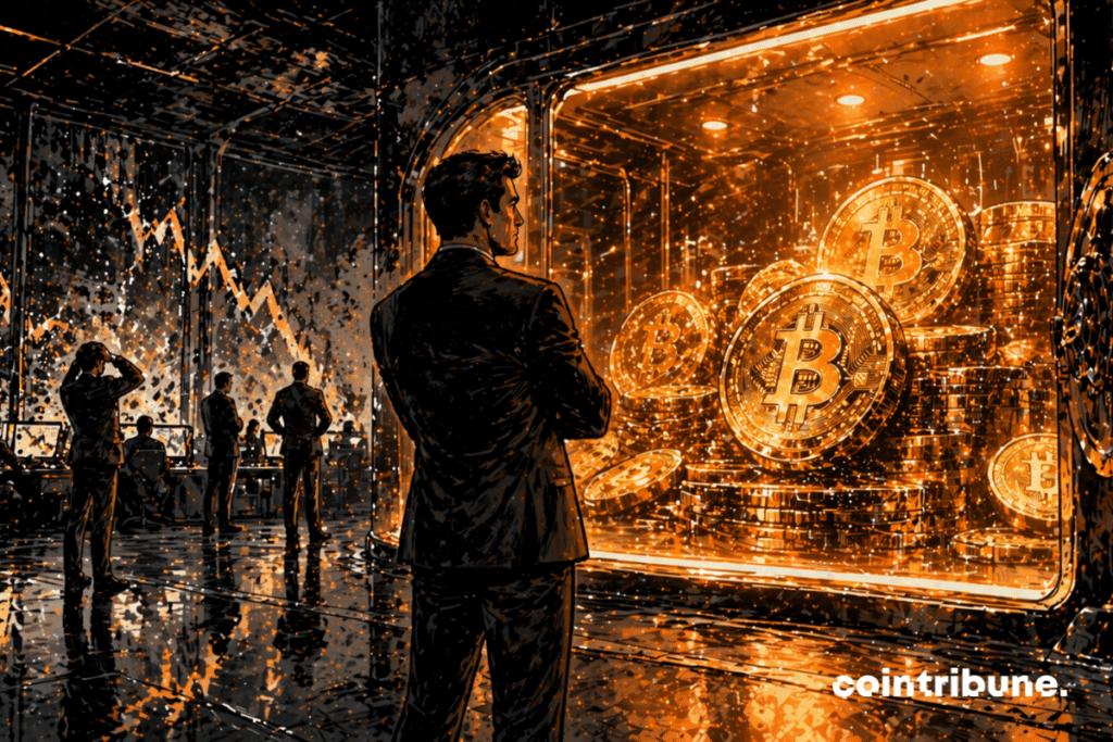 A bright Bitcoin stash remains intact behind a Tesla representative, while surroundings show signs of financial stress.