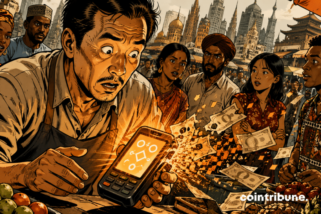 A merchant looks at his payment terminal in surprise. The screen displays alternative dollar symbols with the number 