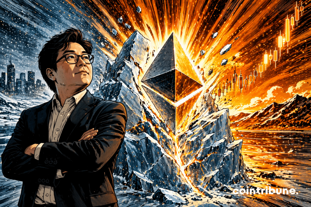 An Ethereum symbol stuck in ice cracks and releases upward energy as Tom Lee looks on.