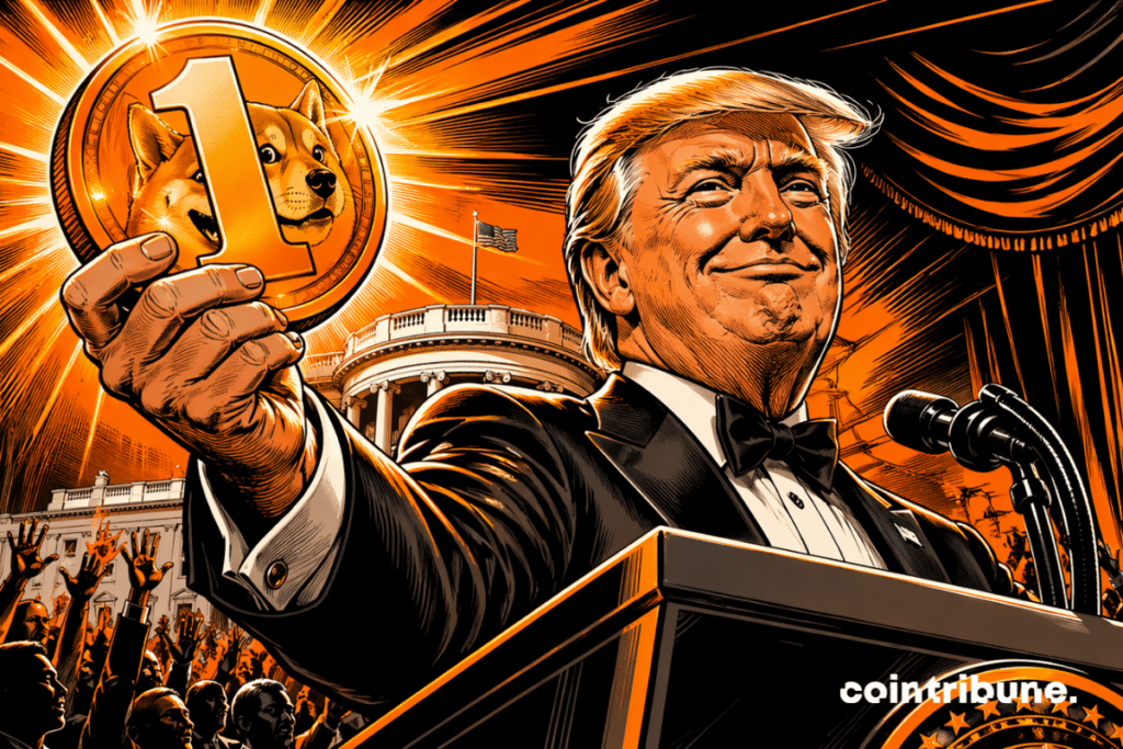 Triumphant Trump brandishes a luminous memecoin in front of a delirious crowd, gala atmosphere, dramatic orange and black 70s comics style