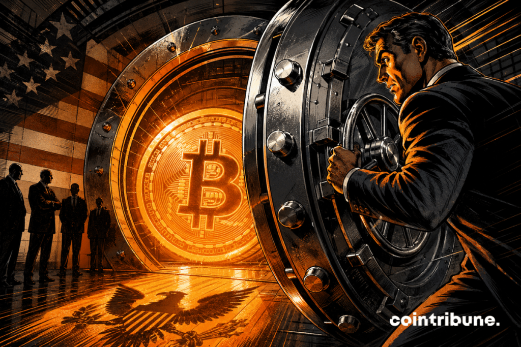 Agent opening a chest illuminated by a giant bitcoin.