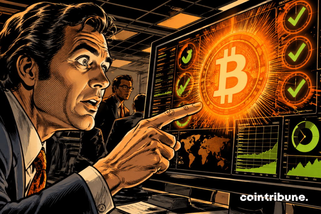 Shocked analyst points to a luminous Bitcoin, green indicators, explosive screens, dramatic atmosphere, tension and imminent opportunity visible everywhere