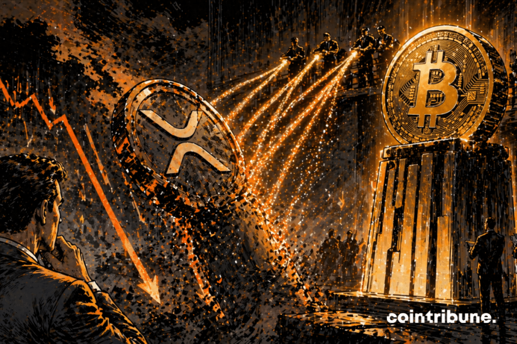 An abstract structure representing XRP is moving down or slightly cracking. Light flows (institutional) converge towards it, but fail to stop the fall. Next to it, a Bitcoin structure remains stable or slightly ascending.
