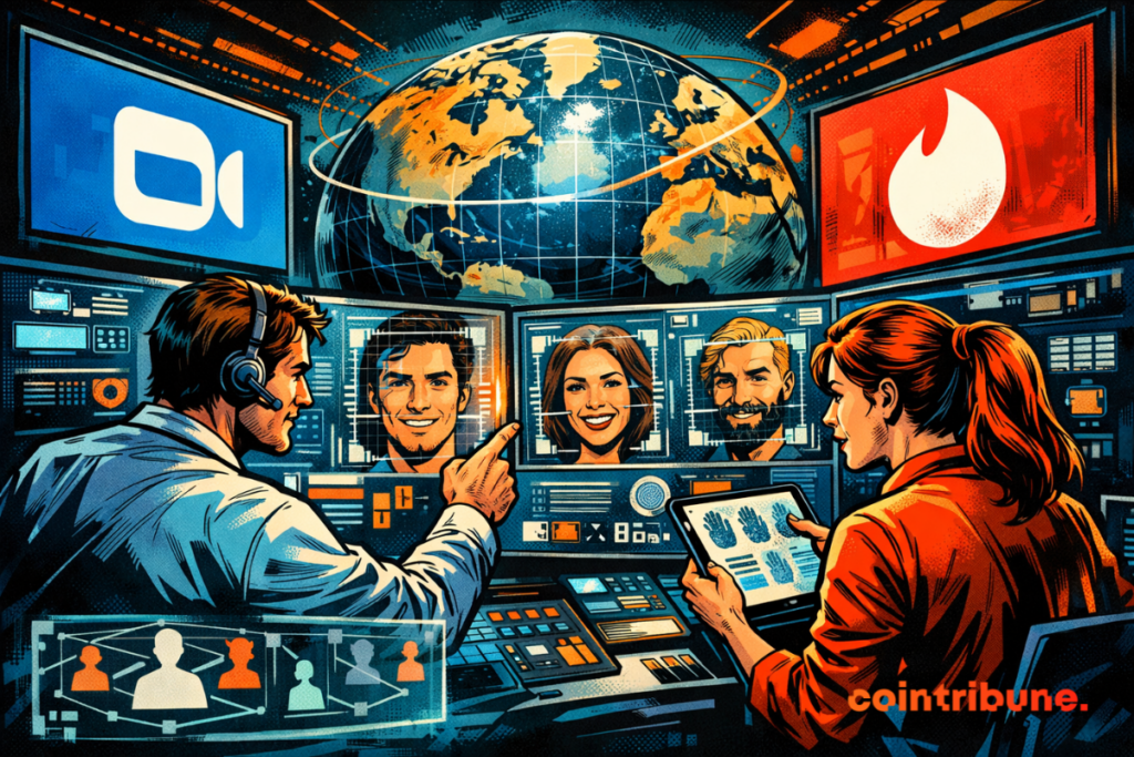 Illustration of a digital control center where operators analyze faces on screens, with Zoom and Tinder logos, symbolizing human identity verification via the World project in a context of the fight against bots and deepfakes.