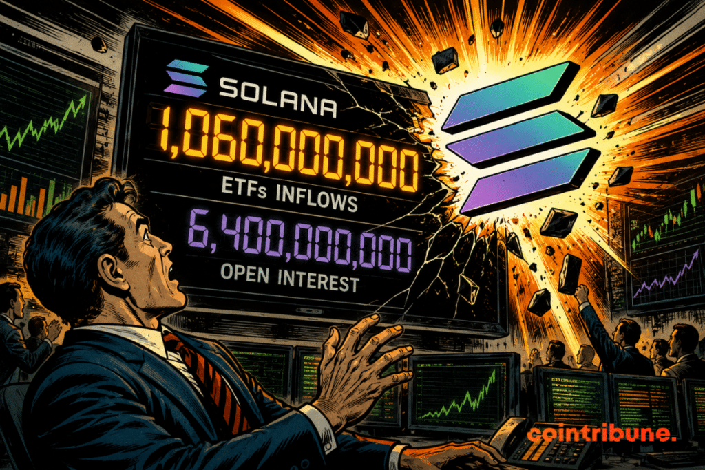 A stunned trader watches Solana explode on screens as financial euphoria ignites the entire American trading room